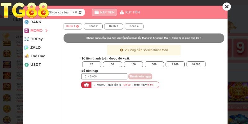 Cách nạp tiền TG88 thông qua QRPay
